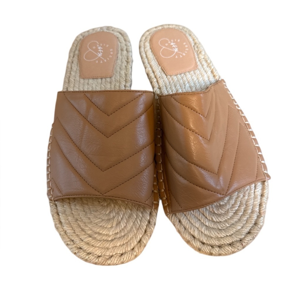 Oasis Society Sona Beige/Cream Quilted Slide Espadrille Jute Sandals Size 10